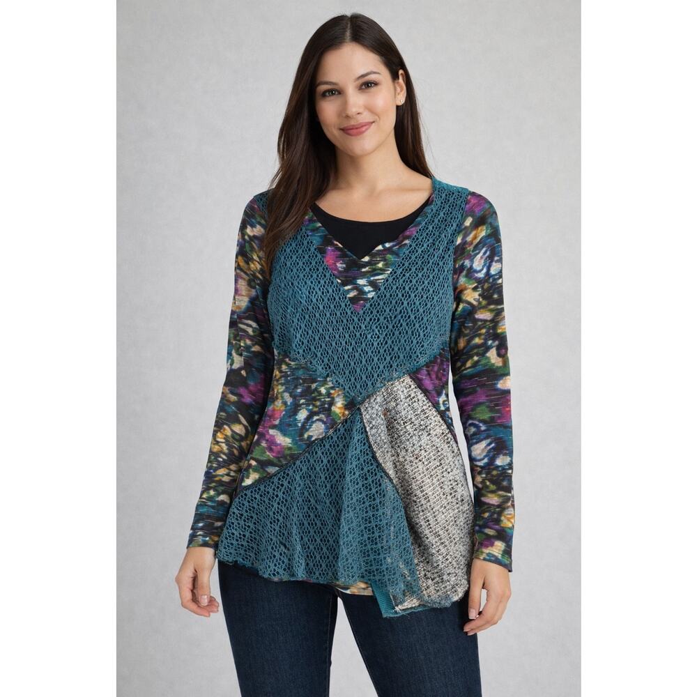 This That Sz Sm Teal Mixed Media Longline Abstract Tunic Top Fairy Grunge Witchy